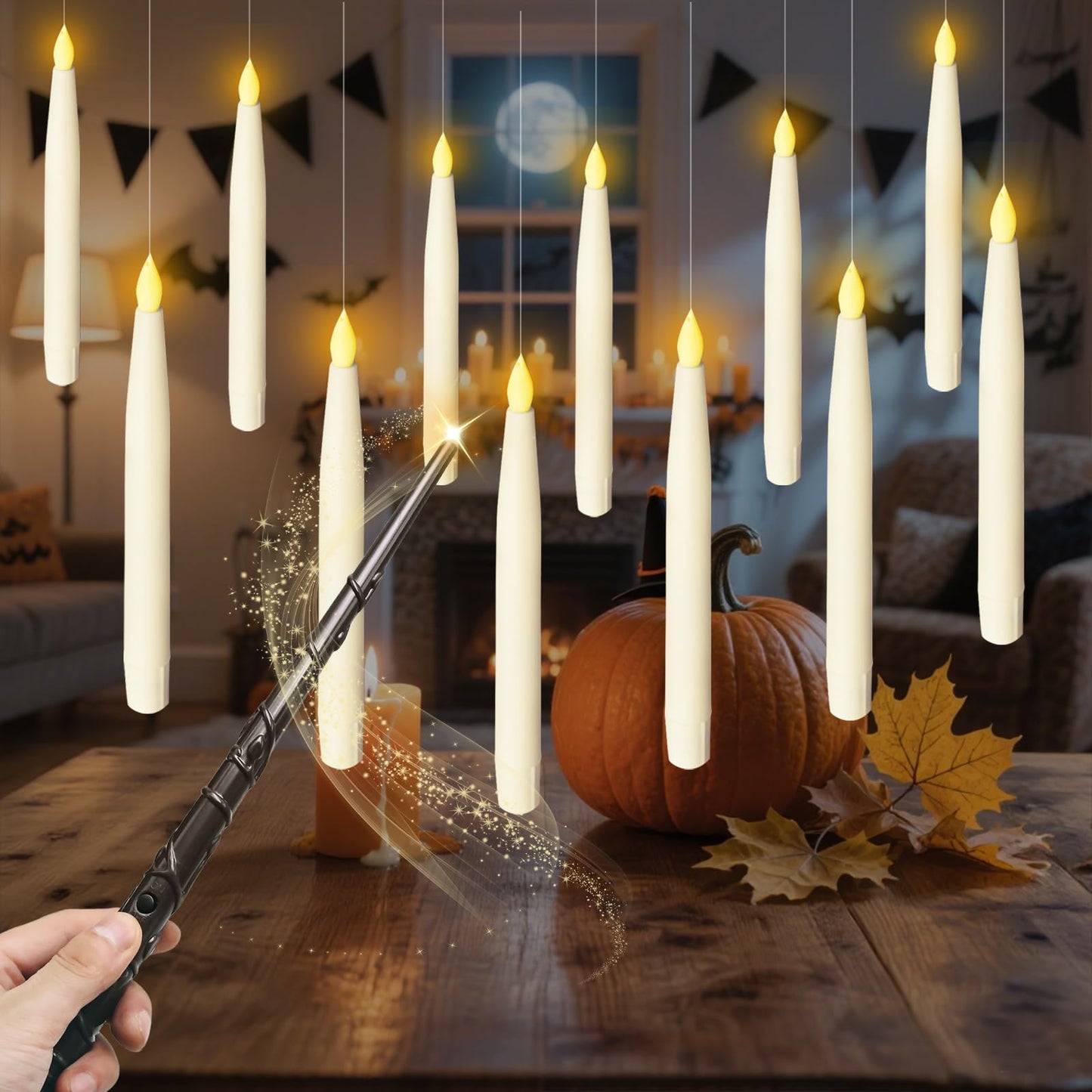 Anxingo 12 Pcs Flameless Floating Candles with Wand, LED Flickering Battery Operated Candles Wizard Hanging Decorative Lighting with Remote Timer for Parties Halloween Christmas
