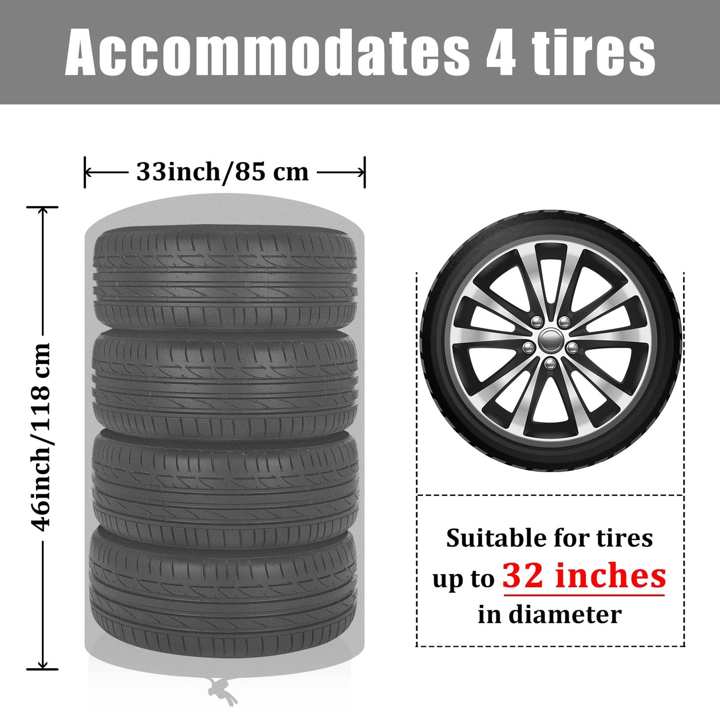 Tire Cover, Seasonal Tire Storage Bags Fits up to Diameter 32" Tires, Upgraded 600D Oxford Cloth Tire Covers for Outdoor Indoor, Waterproof Dust-Proof (Black)