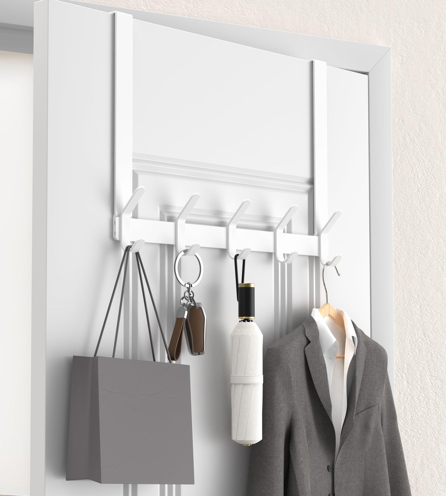 KitchLife Long Over Door Hooks Hanger with 15.75" Extended Arms, Fits 1-3/4" Thick Doors, J40C, 1 Pack Double-Hook, Thickened Bathroom Towel Rack Organization with Screws, Glossy White