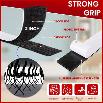 Black Heavy Duty Adhesive Hook and Loop Tape Roll - Industrial Strength, Easy to Cut, Strong Strips with Sticky Back (2 inch x 26 feet)