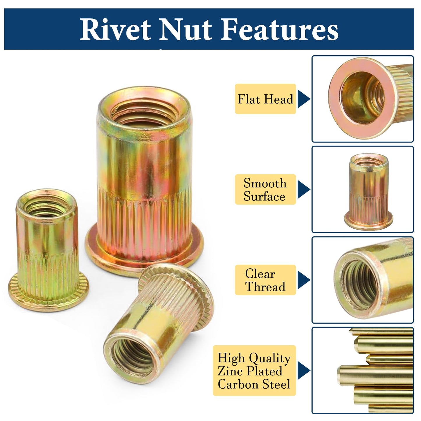 Vifmy SAE Rivet Nut Assortment Kit(240Pcs),#6-32#8-32#10-24 1/4"-20 5/16"-18 3/8"-16 UNC Rivnut Threaded Insert Nut Set,Zinc Plated Finish Carbon Steel Nutsert