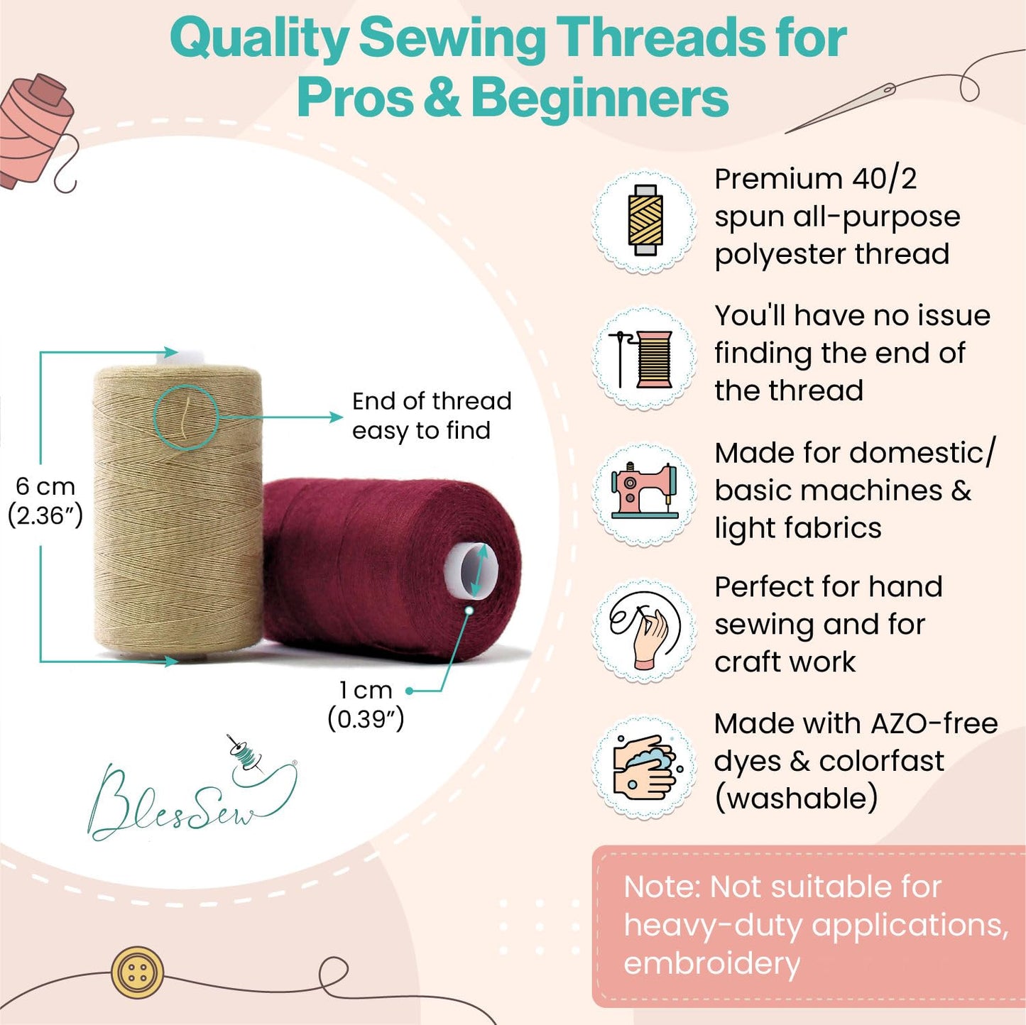 Sewing Thread - 24 Spools of Polyester Thread for Sewing Machine for Beginners, Hand Stitching & Quilting - 1000 yds Each in 22 Colors + Bonus Black & White