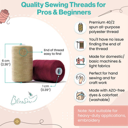 Sewing Thread - 24 Spools of Polyester Thread for Sewing Machine for Beginners, Hand Stitching & Quilting - 1000 yds Each in 22 Colors + Bonus Black & White