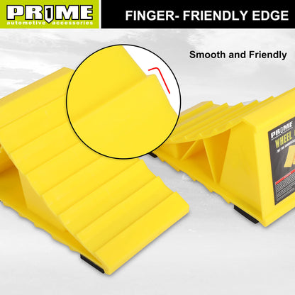 PR1ME Wheel Chocks with Non-Slip Base for RV & Trailer. 2 Pack Safety Wheel Chock with Bright Yellow. Lightweight Wheel Stoppers for Cars Camper Trucks RVs, Fit for Most Tyre Sizes