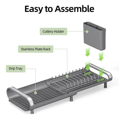 Small Expandable Dish Drying Rack – Compact Stainless Steel Dish Drainer with Removable Cutlery Holder, Anti-Rust Plate Rack for Kitchen Countertop or Sink, Grey
