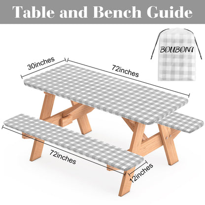 BOUBONI 3 Pcs Set Fitted Picnic Table Cover with Bench Covers and Bag Vinyl Camping Table Cloth Flannel Backing Picnic Table Cloth for 6ft Tables Camping Outdoor (Gray Checked, 30 x 72 Inches)