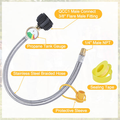 15 in RV Propane Hoses with Gauge, Stainless Steel Braided Camper Tank Hose,Propane Pigtail Hose Line for Camper Standard Dual Stage Regulator,1/4-Inch Male,40Lb 250PSI,NPT x QCC1 Fittings. (2 Pack)