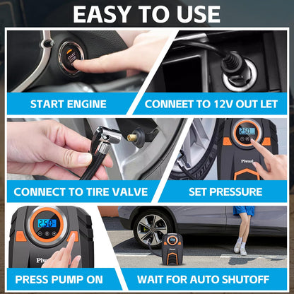 Piwaal Portable Air Compressor for Car Digital Auto Tire Pump Air Pump Tire Inflator for Car Tires and Other Inflatables with LED Light 12V DC (Orange)
