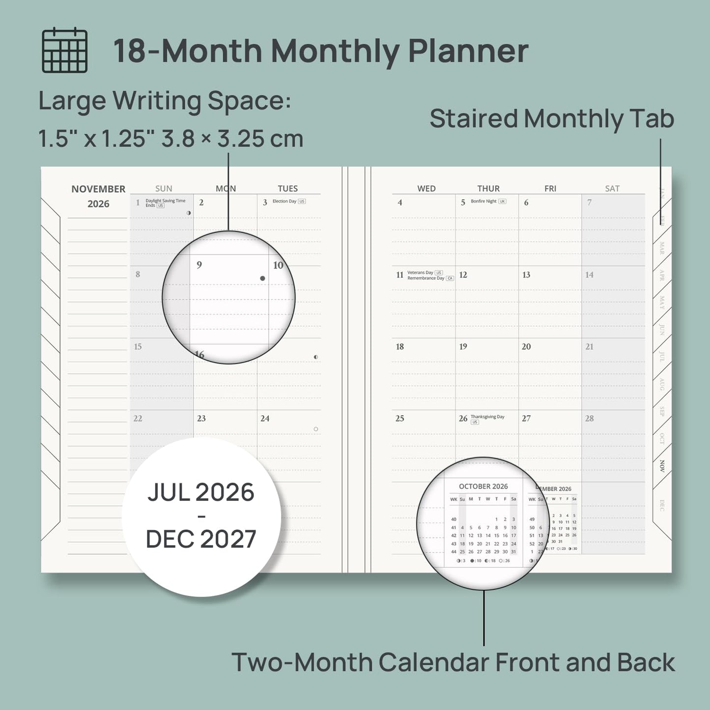 POPRUN Monthly Planner 2026-2027 (6.25" x 8.5"), 18-Month Calendar Book (Jul.26 - Dec.27), Academic Calendar Planner with Monthly Tabs, Inner Pocket, Hard Cover, 100GSM Paper - Pacific Green