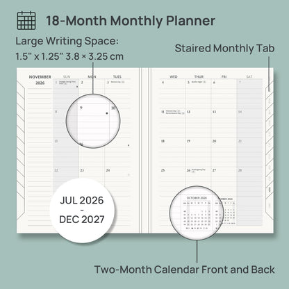 POPRUN Monthly Planner 2026-2027 (6.25" x 8.5"), 18-Month Calendar Book (Jul.26 - Dec.27), Academic Calendar Planner with Monthly Tabs, Inner Pocket, Hard Cover, 100GSM Paper - Pacific Green