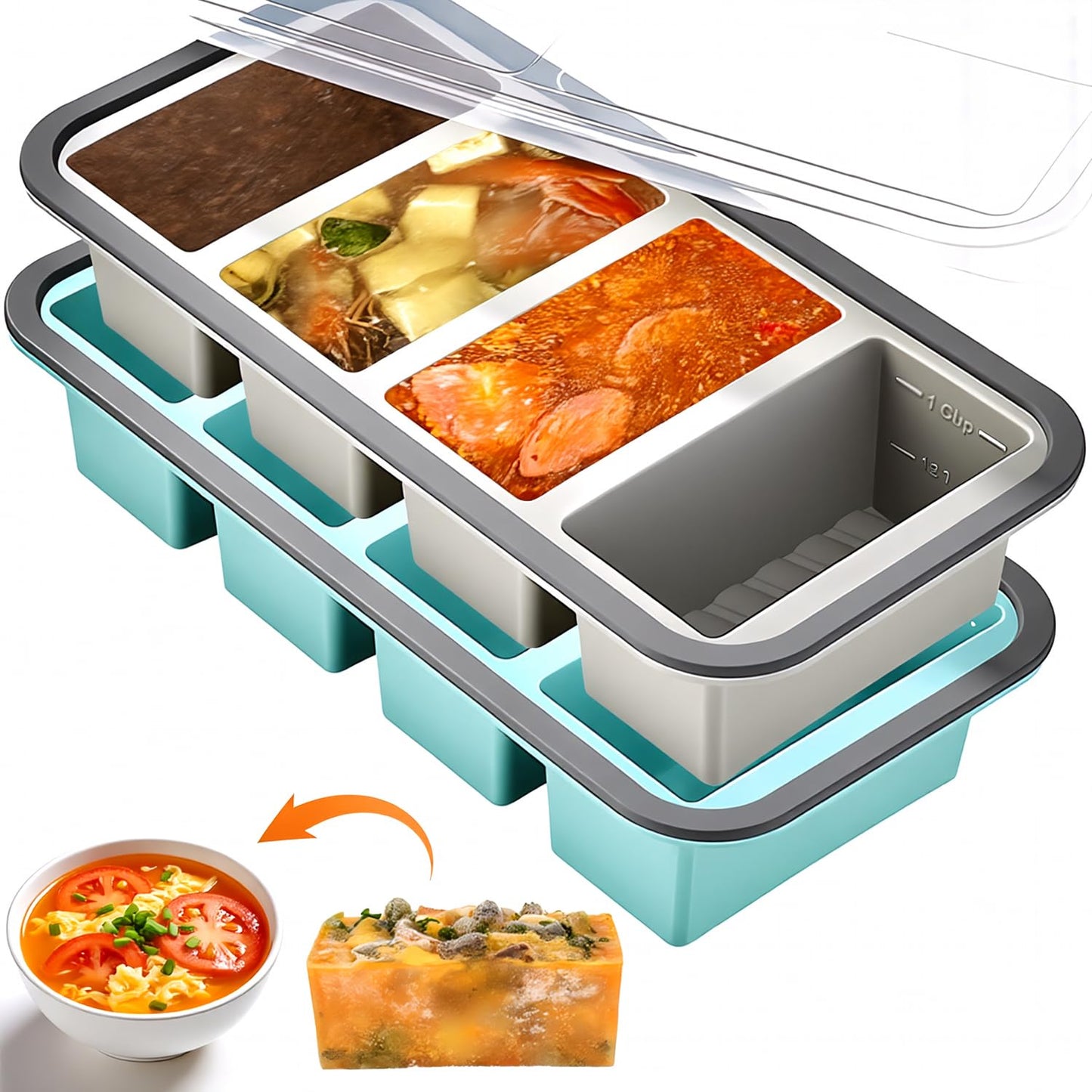 2 Pack Silicone Soup Freezer Containers with Lids, Soup Freezer Mold, Ice Trays for Freezer, Ice Cube Tray for Storing 250mL/125mL Broth, Soup, Leftovers, Sauce, Makes 8 1-Cup Portions Cubes