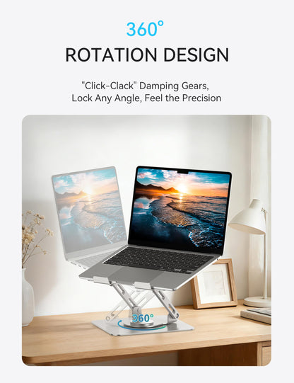 SOUNDANCE Laptop Stand with 360° Rotating Base, Ergonomic Computer Riser for Desk, Adjutable Height Muti-Angle, Foldable Laptop Mount, Stable Metal Holder Support 10-15.6" Notebook PC, Silver Grey