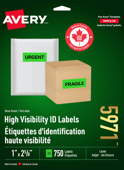 Avery Fluorescent Neon Labels, 1" x 2-5/8", Fluorescent Green, 750 Labels, Rectangle, Permanent (5971) Made in Canada