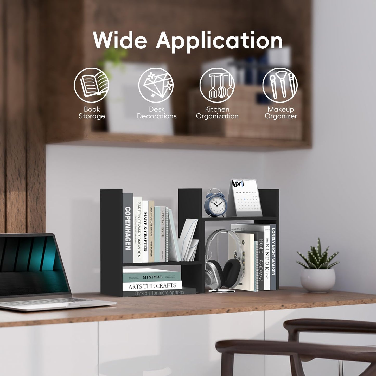 SUPEASY Wood Desk Shelf, Desktop Organizer Adjustable Desk Hutch, 5 Units, Desk Organizers and Accessories, Book Shelf Organizer for Home, Office, 16" L x 15.8" H x 6.8" W, Black