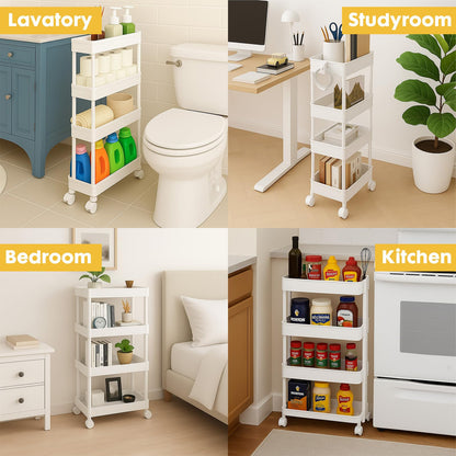 ShellKingdom 4 Tier Bathroom Storage Organizer, Slim Rolling Storage Cart for Narrow Space, Mobile Shelving Unit with Lockable Wheels and Hooks for Bathroom, Kitchen, Laundry Movable Shelf (White)