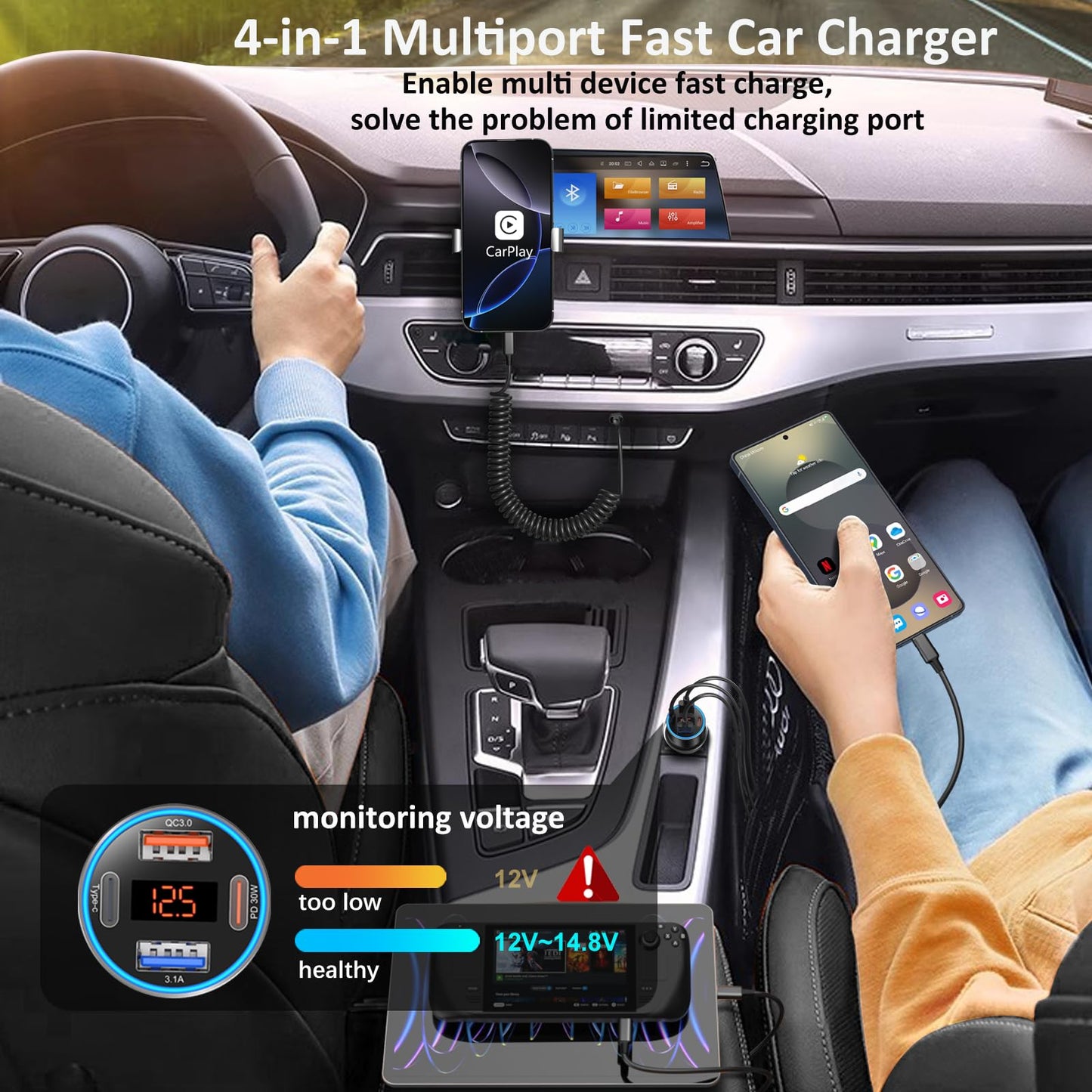 USB C Car Charger 65W, 4-Port QC PD 3.0 Super Fast Charging Cigarette Lighter Adapter Dual 12V USB-C & USB-A Car Phone Charger Plug for iPhone 17 16e 15 Pro Max Galaxy Pixel Android+6FT Type C Cable