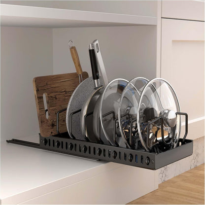 Pull Out Pots and Pans Organizer Under Cabinet - Sliding Lid Holder & Pan Rack with 8 Adjustable Dividers, Easy Access Kitchen Storage for Lids, Bakeware, Dishes (Tool-Free Installation)