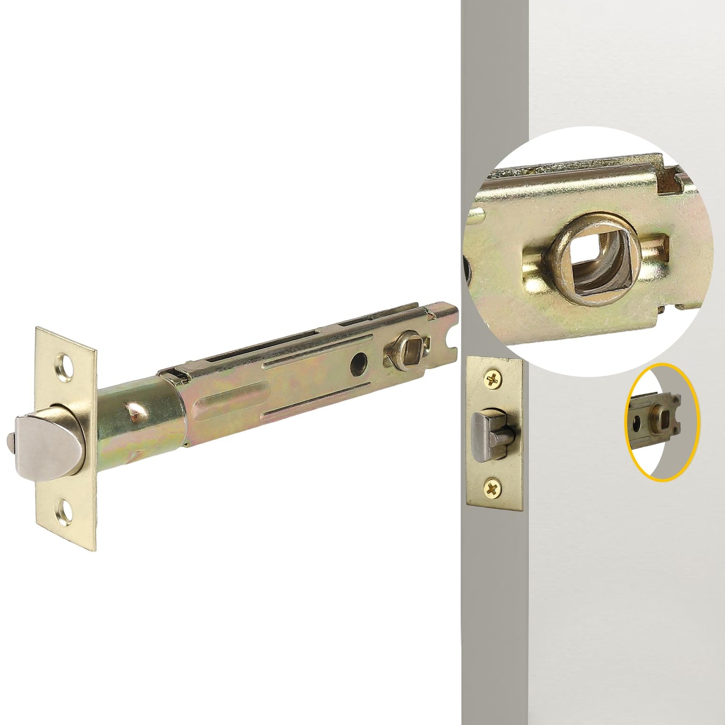 MaxxGeek 5-Inch Backset Entry Door Latch Fit Standard Knobset, 90° Square Interface with Square Corner Faceplate, Requires a 2-1/8" Cross Bore & 1" Edge Bore, Non-Handed, Polished Brass