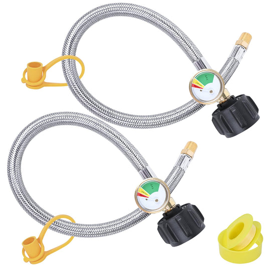 15 in RV Propane Hoses with Gauge, Stainless Steel Braided Camper Tank Hose,Propane Pigtail Hose Line for Camper Standard Dual Stage Regulator,1/4-Inch Male,40Lb 250PSI,NPT x QCC1 Fittings. (2 Pack)