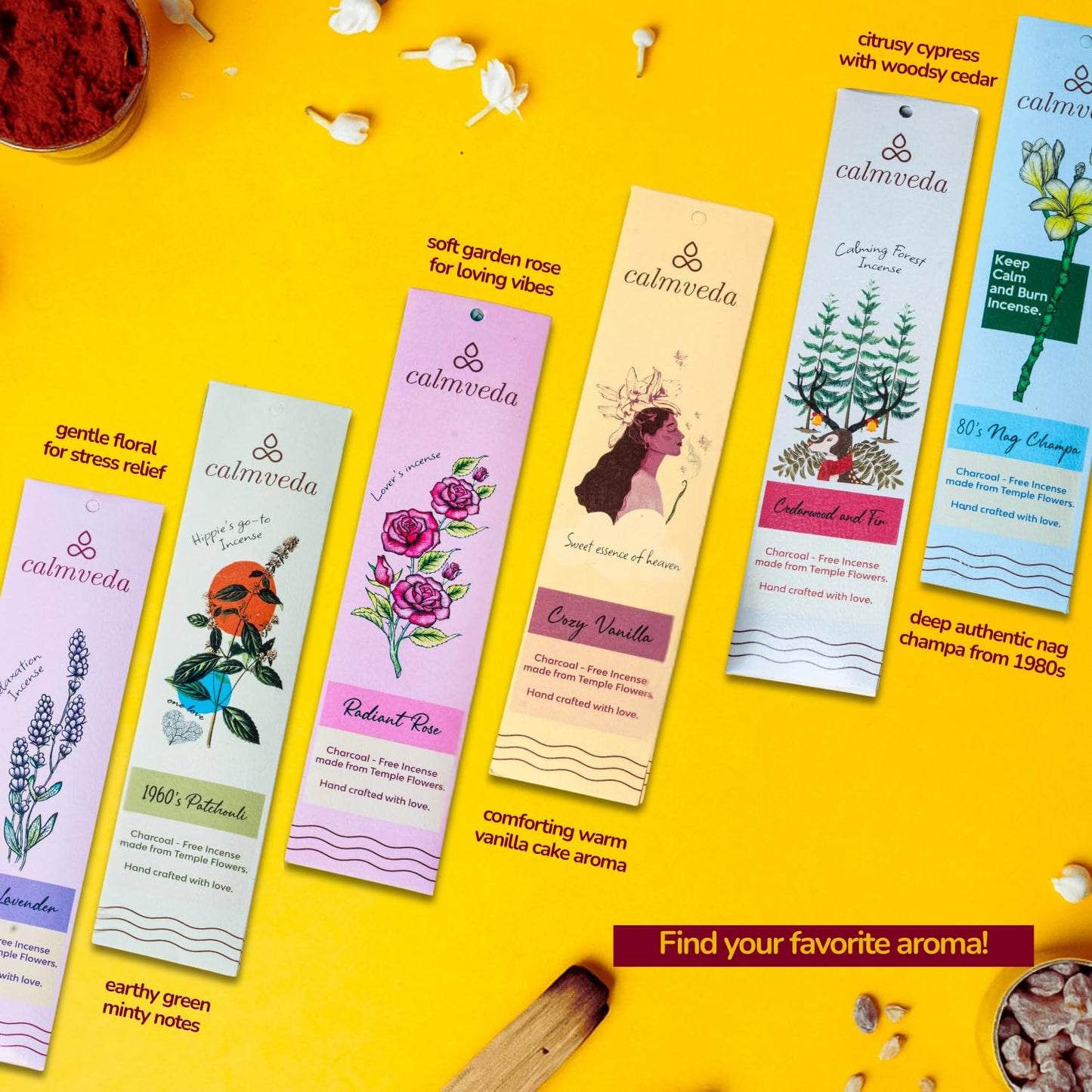 CALMVEDA Natural Incense Sticks Mega - Variety Pack (144 Insence-sticks Bulk, 12 Aromas) Clean No Charcoal Incense, Made from Upcycled Flowers | Organic Incense Sticks Non Toxic (Slow burn, Longlast)