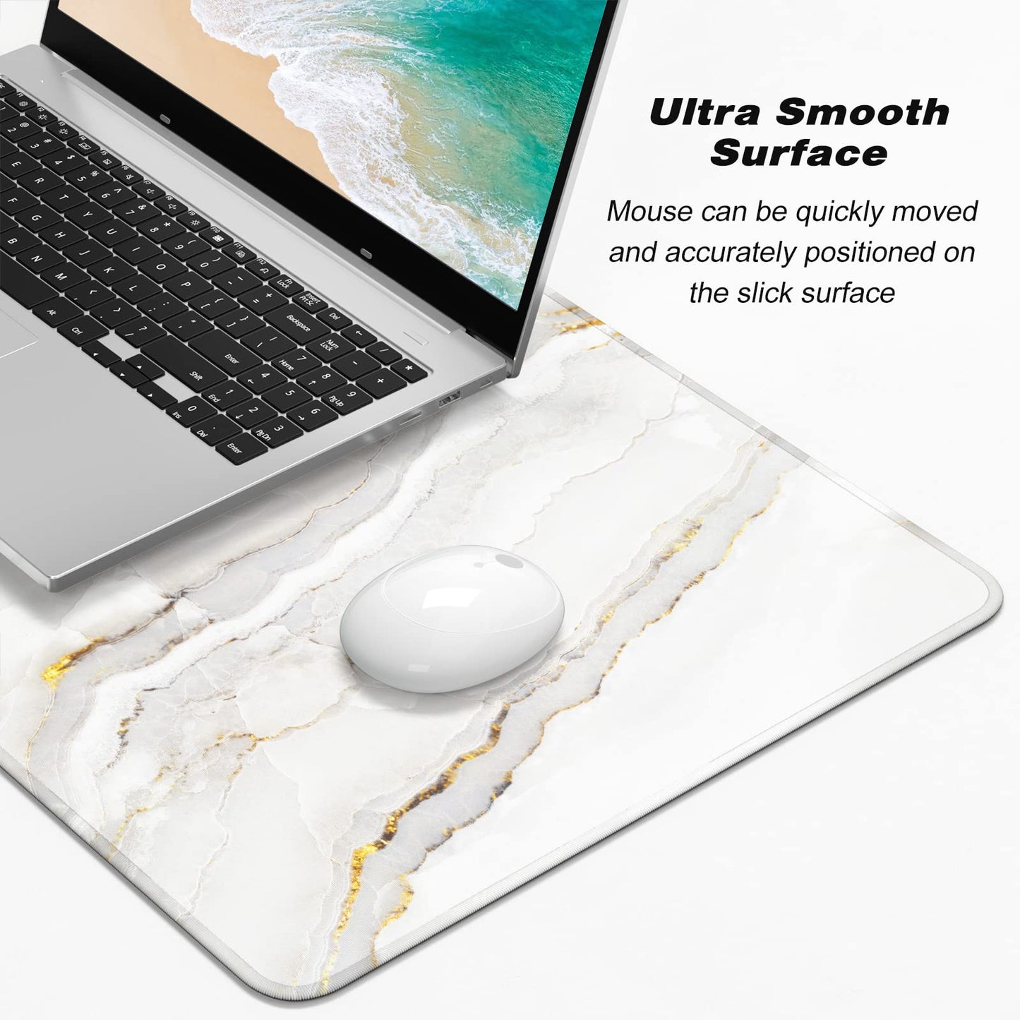 Atufsuat Extended Gaming Mouse Pad, XXL Large Desk Pad 30 x 14 Inch, Big Computer Keyboard Mousepad, Waterproof Mouse Mat with Stitched Edges and Non-Slip Base for Women Office Gaming, White Marble