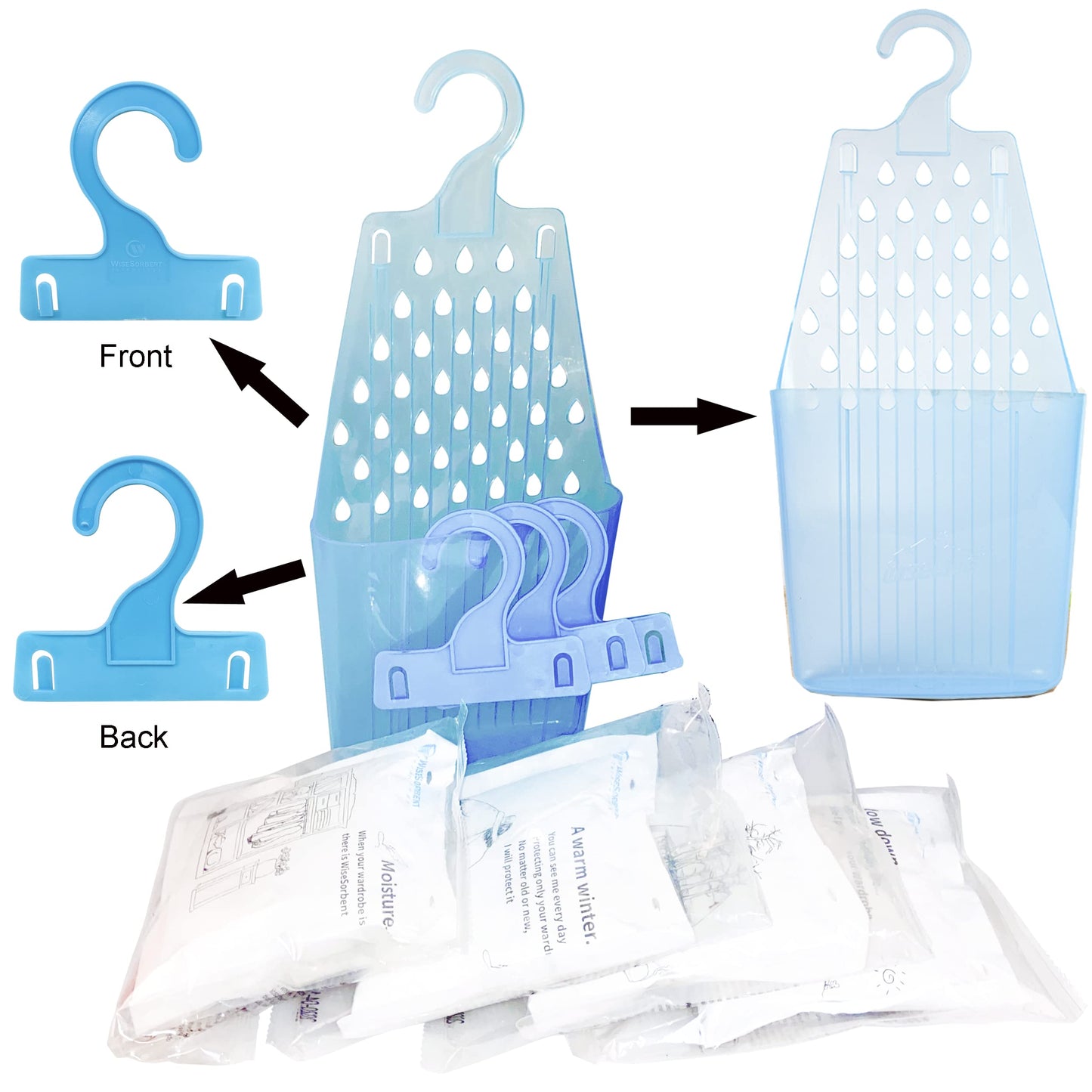 Wisesorb Moisture Absorber Packets with Plastic Case & Hook, Odor Eliminator, Leak Proof, Fragrance Free, Humidity Packs, Hanging Closet Dehumidifier Bags, Moisture Absorber (4 Packs)