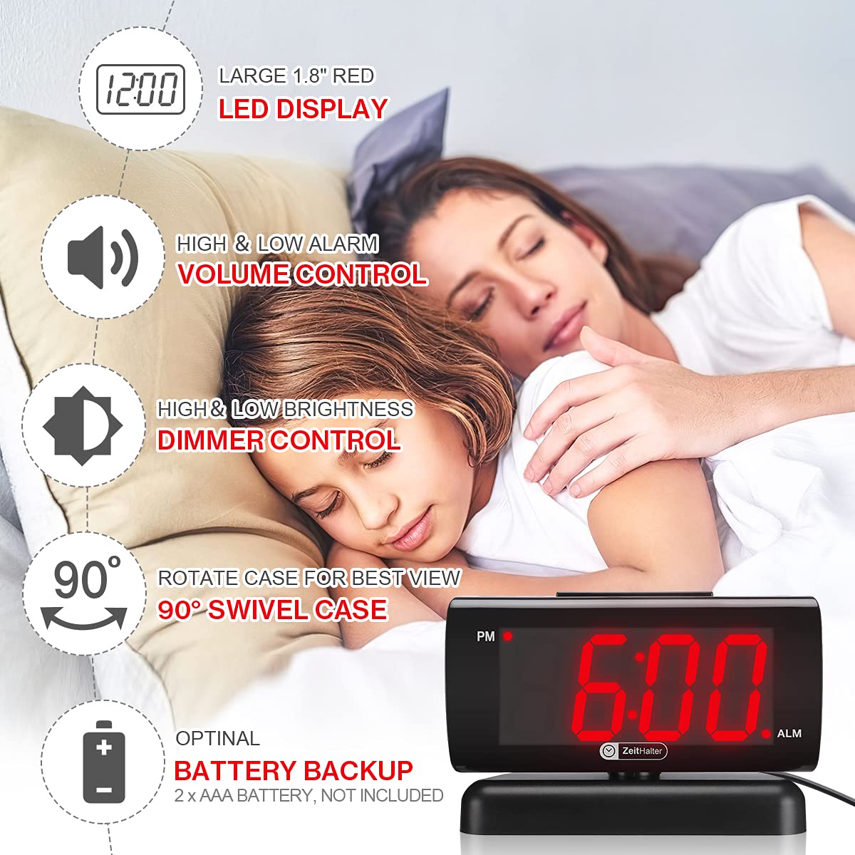 ZOOS Alarm Clock for Bedroom, Large LED Digital Clock for Seniors, Dimmable Simple Alarm Clocks for Bedrooms, Volume Adjustable/Snooze/Battery Backup/Swivel Base Gift for Men Women Elderly Home Office