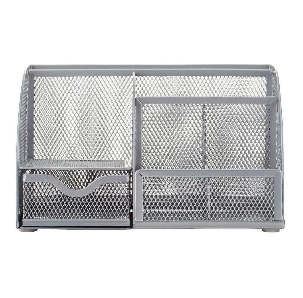 Annova Mesh Desk Organizer Office with 7 Compartments + Drawer/Desk Tidy Candy/Pen Holder/Multifunctional Organizer (silver)