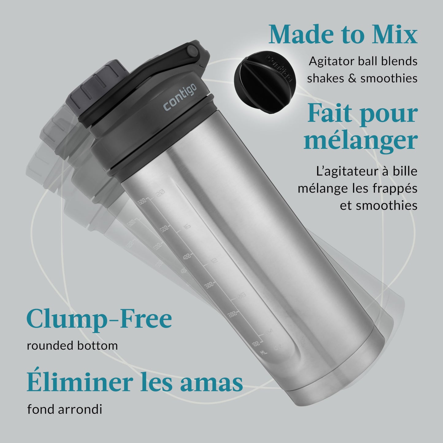 Contigo Fit Shake & Go 2.0 Stainless Steel Protein Shaker Bottle with Leak-Proof Screw Lid, Vacuum-Insulated Mixer Bottle with Whisk and Carry Handle, Grey, 24 oz (709 mL)