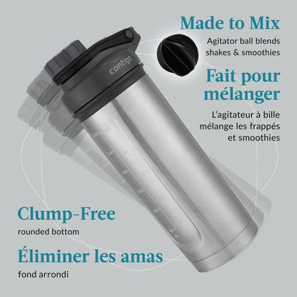 Contigo Fit Shake & Go 2.0 Stainless Steel Protein Shaker Bottle with Leak-Proof Screw Lid, Vacuum-Insulated Mixer Bottle with Whisk and Carry Handle, Grey, 24 oz (709 mL)