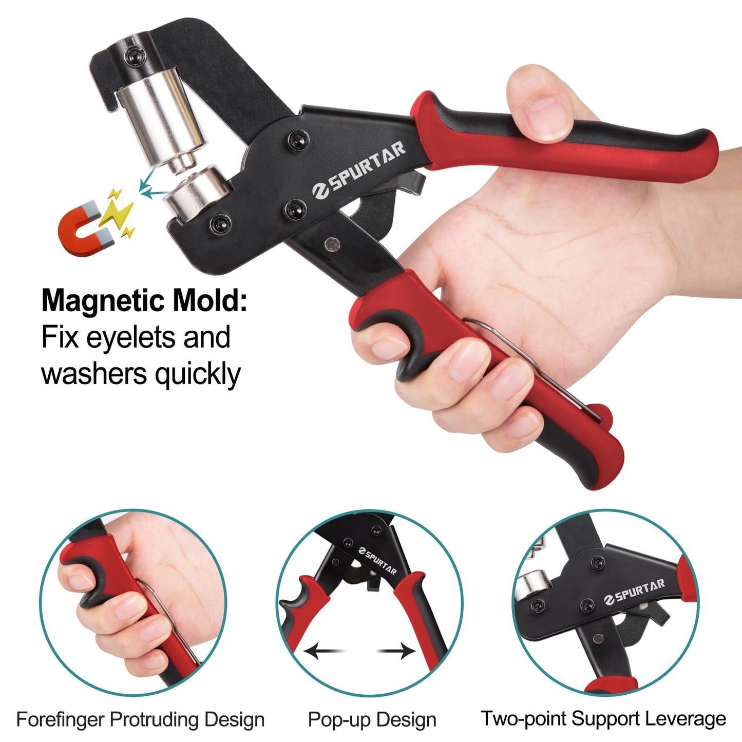 Spurtar Grommet Tool Kit 3/8'' Handheld Grommet Kit Magnetic Eyelet Tool with 10mm Hollow Punch and 500pcs Eyelets for Leather Fabric Belt Tarp Tent Bag Curtain Cardboard