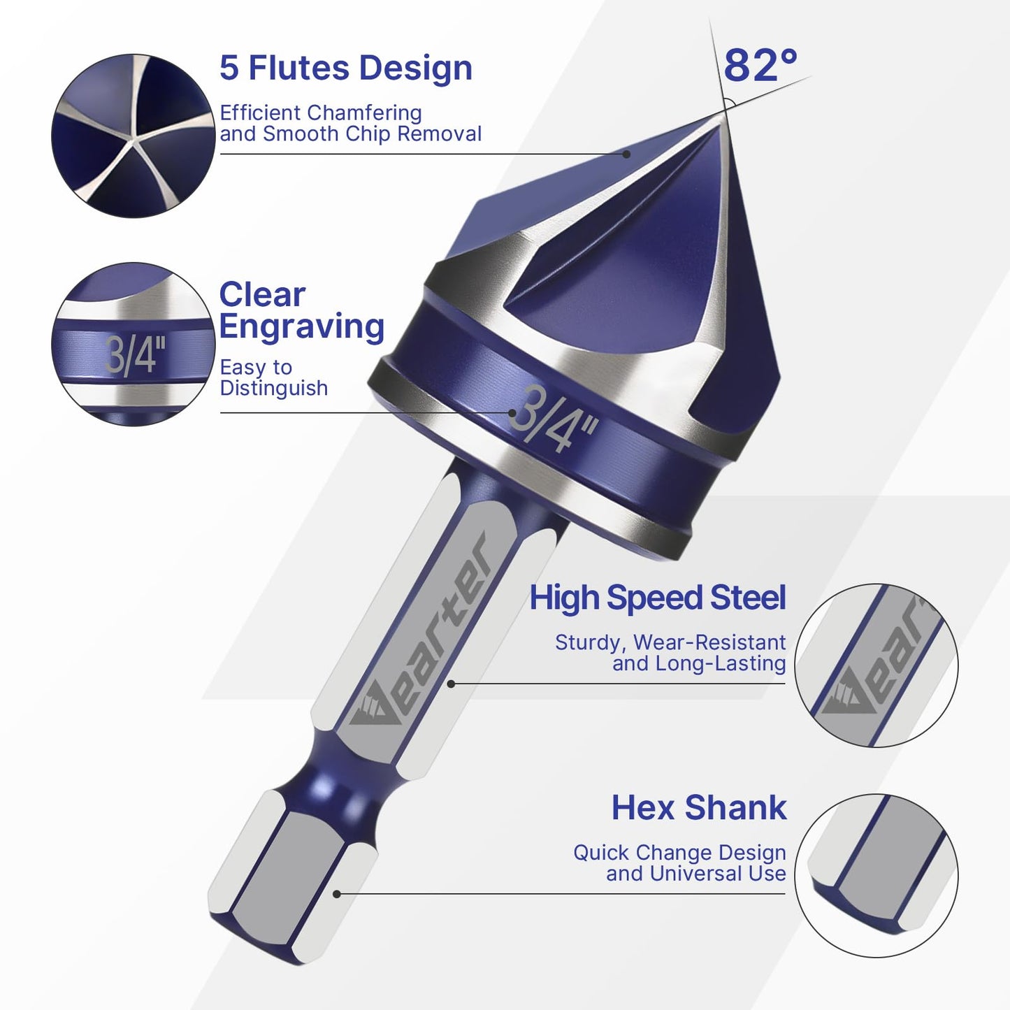 Vearter Countersink Drill Bit Set 1/4'' to 3/4'', 5PCS HSS 5-Flute Chamfer Bits with 1/4" Hex Shank Quick Change & Clear Storage Case, Woodworking Tools for Metal, Wood, Plastic