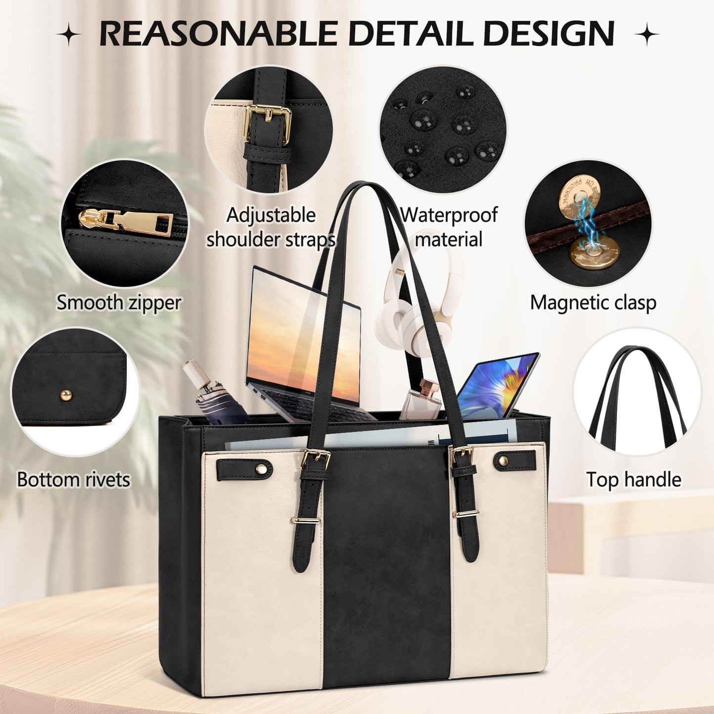 RAINSMORE Laptop Bags for Women 15.6 Inch Leather Work Tote Bags Womens Laptop Purse Waterproof Professional Laptop Briefcase for Office Computer Bag Women Travel Handbag Shoulder Bag