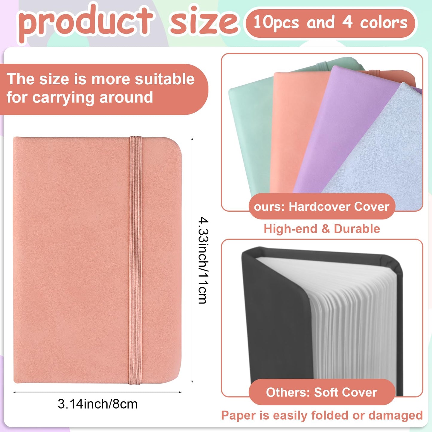 10 Pcs Leather Pocket Notebook A7 Note Book Pocket Hardcover Notepad 3 x 4 Inch Mini Notepad Tiny Lined Journal Notebook With Elastic Band 200 Pages for Office Home School Writing Supplies(4 Colors)