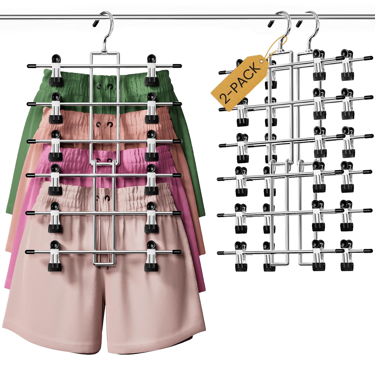 DAMITA Skirt Pants Hangers with Clips Space Saving Hanging Closet Organizer 6 Tiers Hanger with 360° Swivel Hook, Finger-Safe Design- College Dorm Room Apartment Essentials 2-Pack
