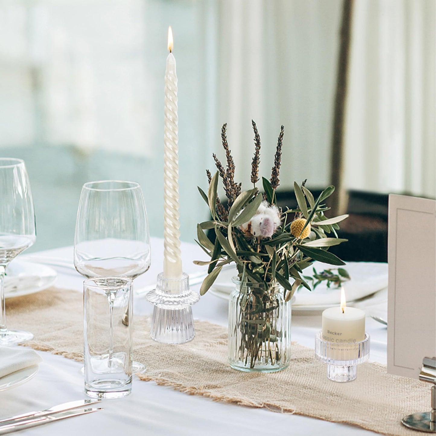 Toptime Candlestick Holders Set of 6, Ribbed Glass Taper Candle Holders, Reversible Clear Tealight & Candle Stick Candle Holder Vintage Crystal Tapered Candlestick for Wedding Dinner Party Festival