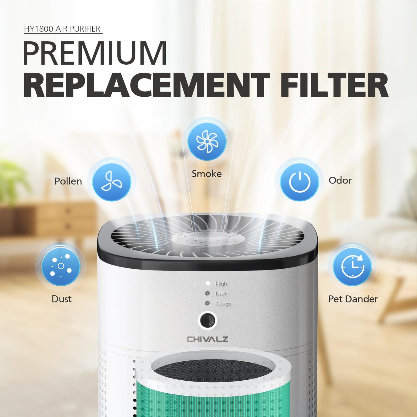 CHIVALZ Genuine HY1800 Air Purifier Replacement Filter, 3-in-1 Filtration, High-Efficiency Activated Carbon, True HEPA 13 Filter (2 Pack)