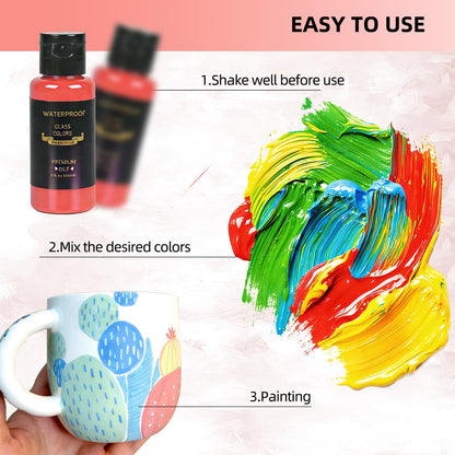 Colorful Stain Glass Paint Set with 6 Brushes, 1 Palette, 14 Colors Waterproof Permanent Glass Painting Kit for Arts on Wine Glasses,Bottle and Windows