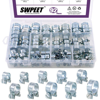 Swpeet 92 Pieces 10 Sizes Mini Hose Clamps Style Fuel Injection Line Zinc Plated Assortment Kit Perfect for Automotive, Agriculture, Plant and Construction