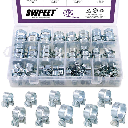 Swpeet 92 Pieces 10 Sizes Mini Hose Clamps Style Fuel Injection Line Zinc Plated Assortment Kit Perfect for Automotive, Agriculture, Plant and Construction