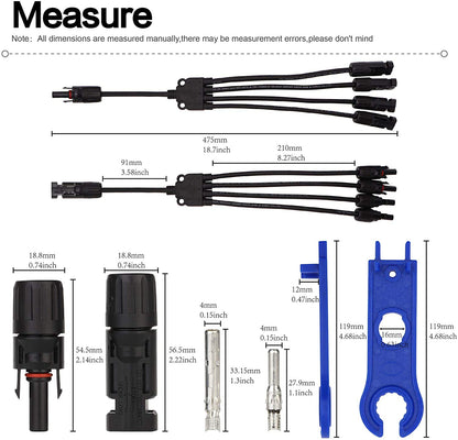 Ruikarhop MC4 Connectors Y Branch 1 to 4 Adapter Cable Wire Plug,MC4 Assembly Tool and 5 Pairs Male/Female Solar Panel Connectors