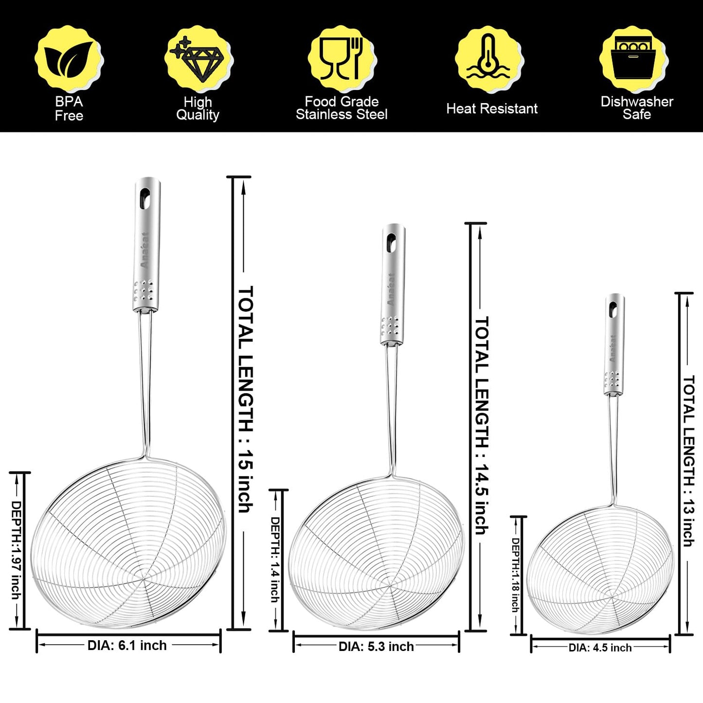 Anaeat Stainless Steel Spider Strainer Skimmer, Set of 3 Professional Kitchen Pasta Strainer Spoon with Long Handle - Asian Strainer Ladle Wire Skimmer Spoons for Cooking and Frying (4.5"+5.3"+6.1")
