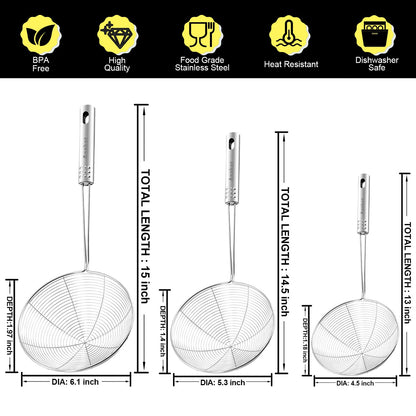 Anaeat Stainless Steel Spider Strainer Skimmer, Set of 3 Professional Kitchen Pasta Strainer Spoon with Long Handle - Asian Strainer Ladle Wire Skimmer Spoons for Cooking and Frying (4.5"+5.3"+6.1")