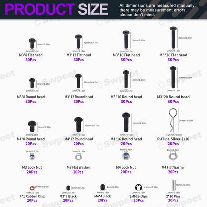 Swpeet 502Pcs Universal RC Screw Kit Screws Set, Hardware Fasteners Compatible with 1/8 1/10 1/12 1/16 Scale RC Cars Black