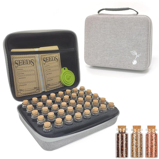 40 Slots Seed Storage Box,Garden Storage Organizer Box with Glass Storage Containers,Label Stickers,Seed Envelopes,Funnel for Various Sizes Vegetable and Flower Garden Seeds