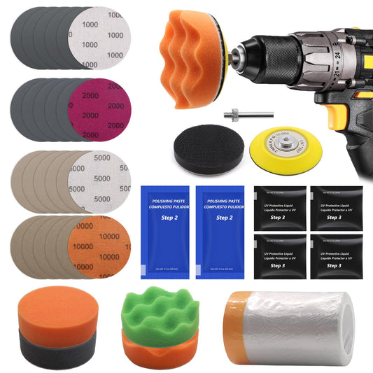 VIBRATITE Car Headlight Restoration Kit, Headlight Lens Cleaner and Restorer, 3 Inch Car Polishing Sanding Kit with 1/4 Inch Shank Backing Pad, Drill Buffing Sponge Pads, Soft Interface Pad, 37PCS