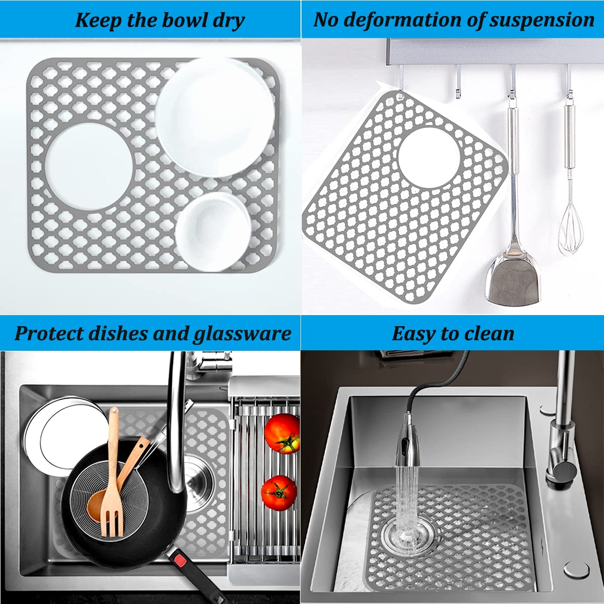 Wonninek Silicone Kitchen Sink Mat, 2 PCS Kitchen Sink Protector Grid Accessory with Rear Drain, Non-Slip Heat Resistant Sink Mats for Bottom of Farmhouse Stainless Steel Sink (Grey 13.6''x11.6'')