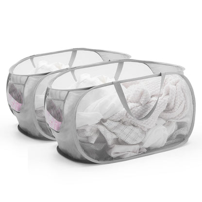 Collapsible Mesh Pop Up Laundry Basket with Durable Handles and Pockets, Portable, Foldable, Deluxe Clothes Hamper for Travel, Laundry Room, Dorm or Bathroom, Space Saving Organizer, Grey, 2 Pack
