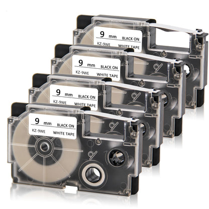 Absonic Compatible Label Tape Replacement for XR-9WE XR-9WE2S 9mm Label Cartridge for KL-120 KL-60 KL-100 KL-750 KL750B KL-780 KL820 KL7000 KL7200 Label Maker, 3/8" x 26', Black on White, 4-Pack