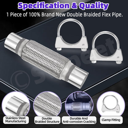 Swpeet 3Pcs 2.5 x 6 Inches Exhaust Flex Pipe with 2.5 Inches Exhaust U Clamp Kit, Universal Type Stainless Steel Double Braid Zinc Pipes Exhaust Flex Tube Ideal for Heavy Duty and Cars